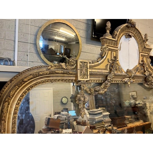 73 - Large antique gilt framed overmantle mirror, glass needs replacing and restoration required on frame... 