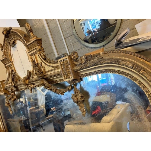 73 - Large antique gilt framed overmantle mirror, glass needs replacing and restoration required on frame... 