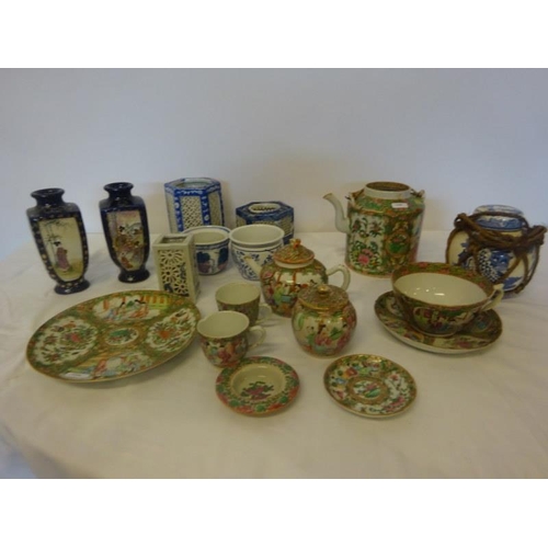 76 - Mixed lot of chinaware including Cantonese teapot, etc. As found.