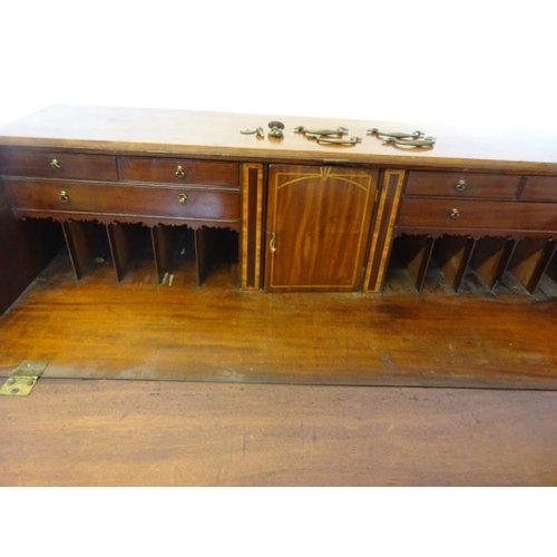 80 - Georgian mahogany sloped front bureau with nicely fitted interior over four drawers and raised on br... 