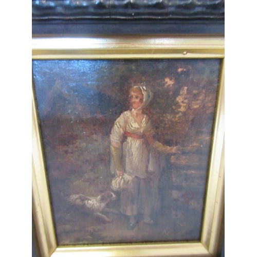 87 - Possibly by George Morland 1763-1804,
Woman and dog by forrest gate,
Oil on panel,
Signed and dated ... 