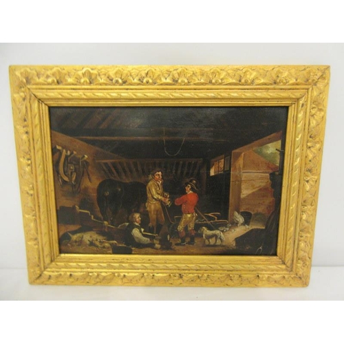 88 - 19th century British school,
Figures and animals inside the stable,
Oil on panel (split),
17cm x 24c... 