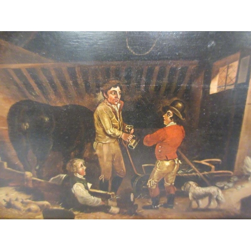 88 - 19th century British school,
Figures and animals inside the stable,
Oil on panel (split),
17cm x 24c... 