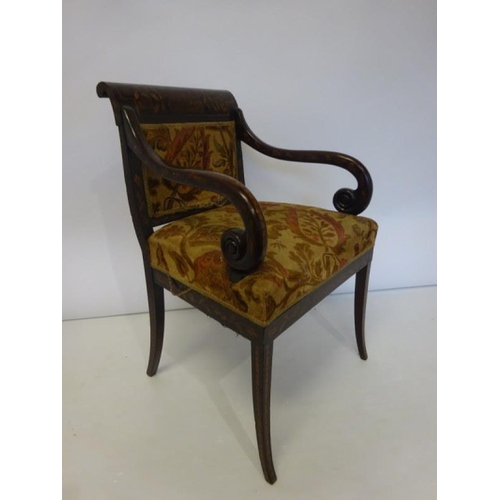 89 - Fine antique mahogany and marquetry inlaid library or desk chair having scroll shaped arms and raise... 