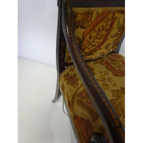 89 - Fine antique mahogany and marquetry inlaid library or desk chair having scroll shaped arms and raise... 