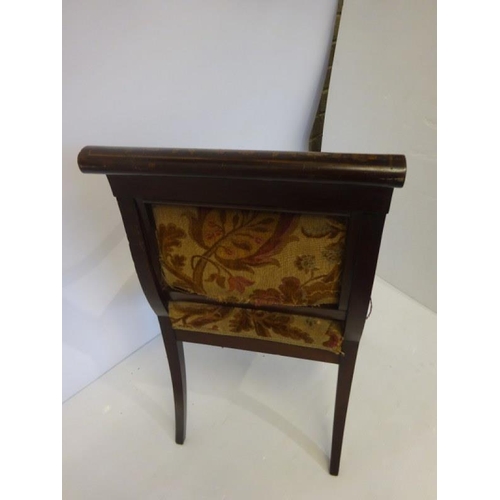 89 - Fine antique mahogany and marquetry inlaid library or desk chair having scroll shaped arms and raise... 