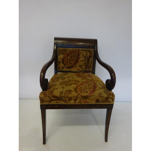 89 - Fine antique mahogany and marquetry inlaid library or desk chair having scroll shaped arms and raise... 