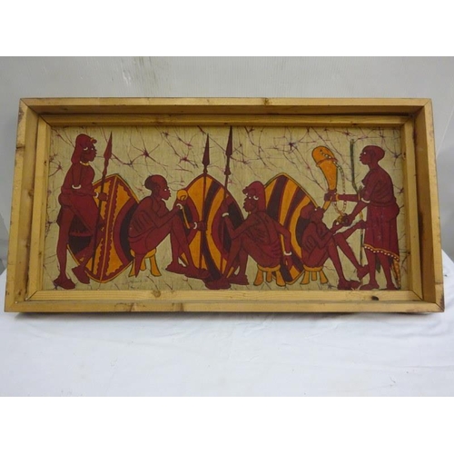 92 - Framed Egyptian picture on cloth, signed. 44cm x 89cm.