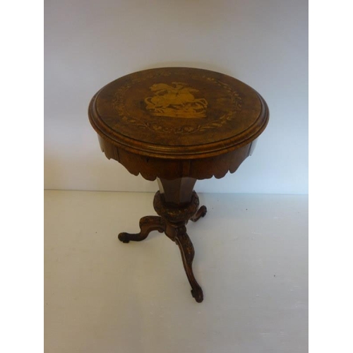 99 - Victorian inlaid walnut drum top ladies work box raised on tripod base, (very original).