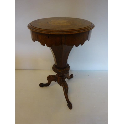 99 - Victorian inlaid walnut drum top ladies work box raised on tripod base, (very original).