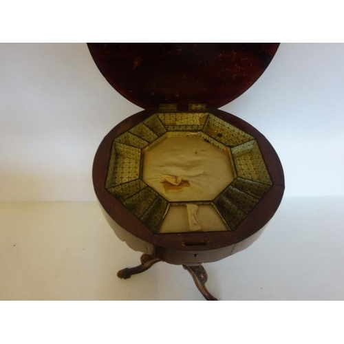 99 - Victorian inlaid walnut drum top ladies work box raised on tripod base, (very original).