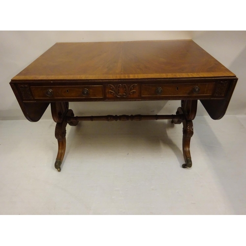 112 - A Cork Regency mahogany and satinwood banded sofa table fitted with real and dummy drawers and raise... 