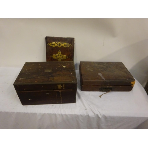 12 - Victorian walnut and brass bound blotter and two travelling boxes.