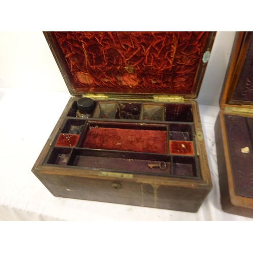 12 - Victorian walnut and brass bound blotter and two travelling boxes.