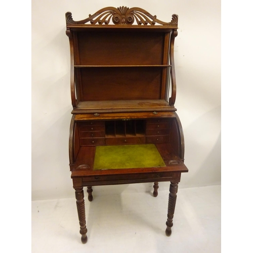 120 - A good Regency & rosewood banded mahogany Cork cyclinder bookcase, the upper section with carved cor... 