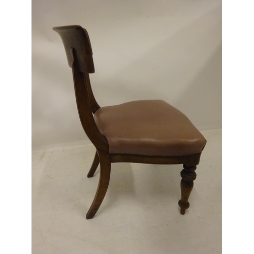 121 - A set of nine William IV mahogany dining chairs having curved bar back. (Some scroll timber pieces m... 