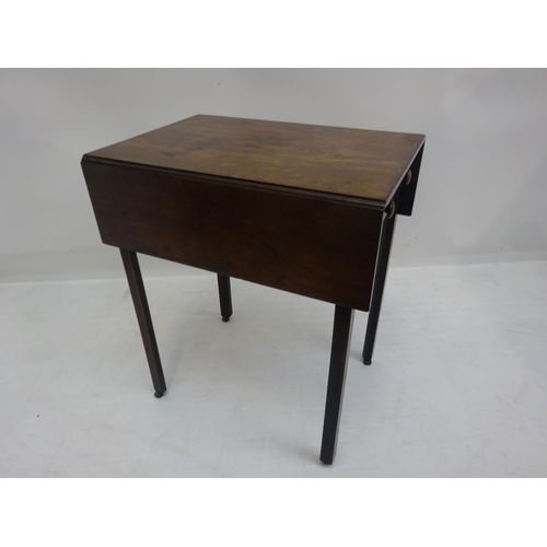 129 - A good Georgian mahogany neat size drop leaf table fitted with a long drawer and raised on square ch... 