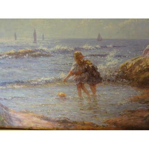 138 - John McGhie, (British 1867-1952)
Seascape with children paddling,
Oil on card,
Signed lower right,
3... 