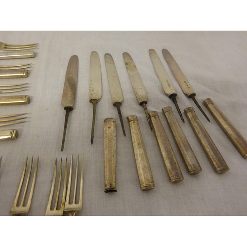 159 - A collection of English silver fruit knives and forks, a lot of the knives with loose handles (18 fo... 