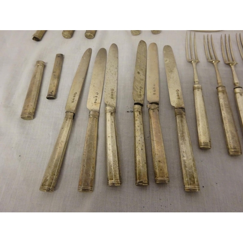 159 - A collection of English silver fruit knives and forks, a lot of the knives with loose handles (18 fo... 