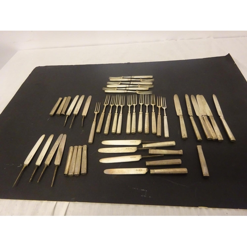 159 - A collection of English silver fruit knives and forks, a lot of the knives with loose handles (18 fo... 