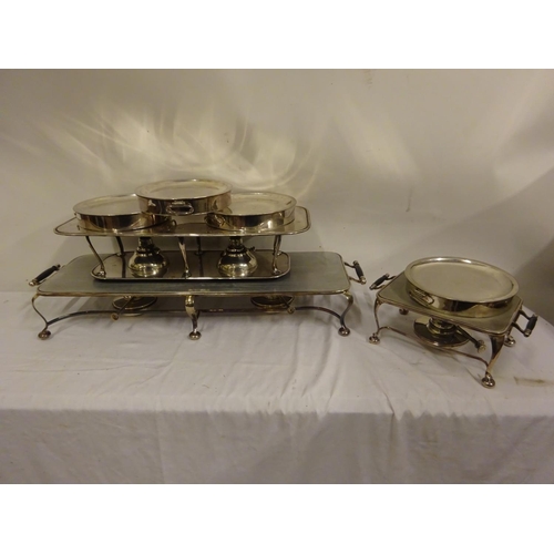 182 - A good collection of 3 plated warming stands complete with burners and 4 circular dishes.