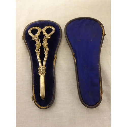 184 - Victorian English silver grape scissor with case. (case cover detached)