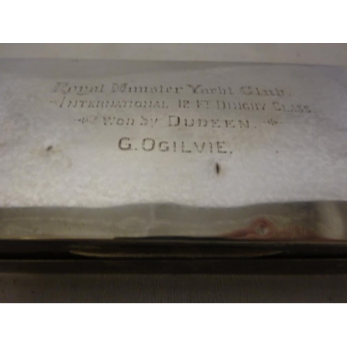 187 - Silver cigarette box with inscription, 
Royal Munster Yacht Club International 12ft Dinghy Class, Wo... 