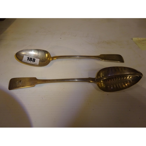 188 - A large silver dividing spoon and a basting spoon, Dublin 1822 by Charles Marsh. L. 33cm (2)