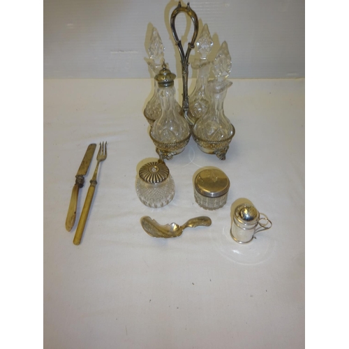 197 - Silver caddy spoon, plated four bottle cruet set, silver pepper holder, etc.