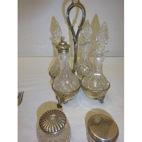 197 - Silver caddy spoon, plated four bottle cruet set, silver pepper holder, etc.