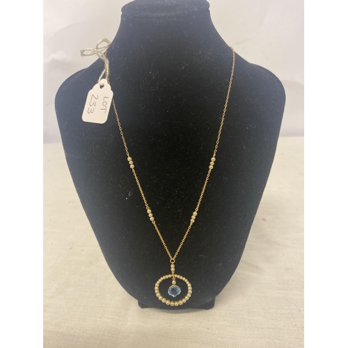 233 - Ladies 9ct gold aquamarine and seed pearl set pendant with 9ct gold chain set with pearls.