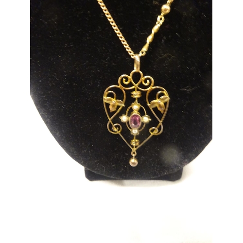 237 - Victorian 9ct pendant drop set with amethysts/seed pearls with 9ct gold ornate chain.