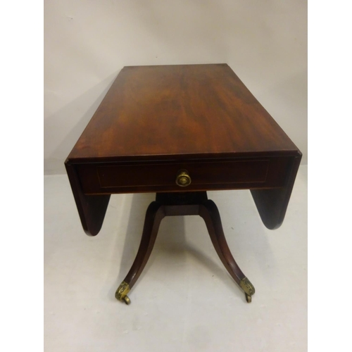 243 - Georgian mahogany drop leaf Pembroke table fitted with a drawer and raised on twin column support wi... 