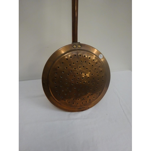 248 - Long handled antique copper bed warmer, stamped House.