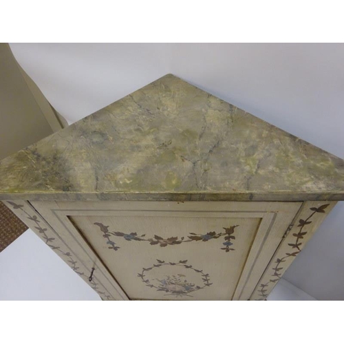 268 - A pair of antique painted corner cabinets with marble effect tops. W. 70cm, H. 85cm approx.