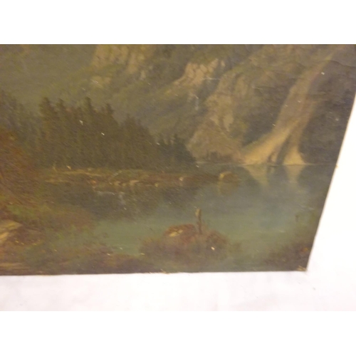 270 - 19th century oil on canvas, Lake and Mountain landscape with figure on pathway. (some restoration re... 