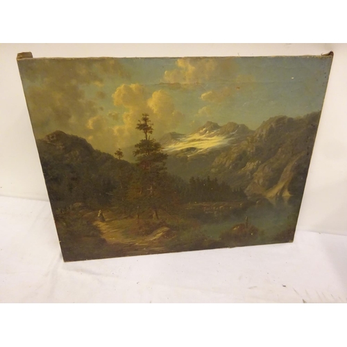 270 - 19th century oil on canvas, Lake and Mountain landscape with figure on pathway. (some restoration re... 