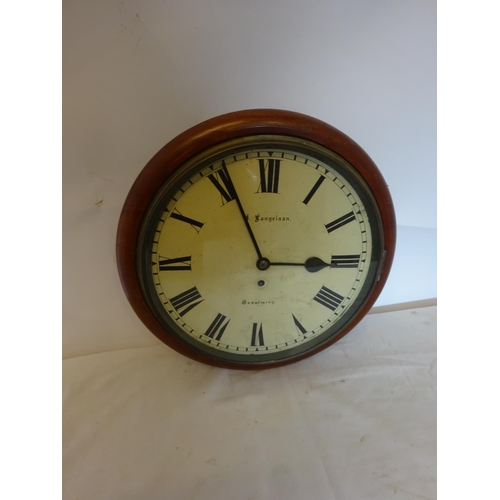 279 - 19th century mahogany cased circular wall clock with fusee movement. J. Langelaan, Godalming.