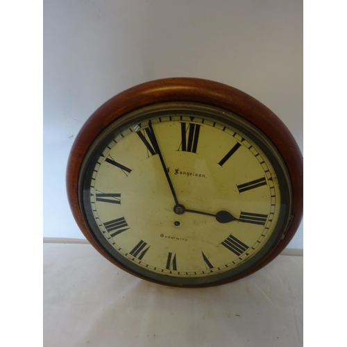 279 - 19th century mahogany cased circular wall clock with fusee movement. J. Langelaan, Godalming.