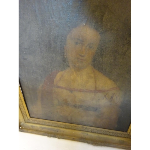 284 - A pair of antique family portraits possibly husband & wife,
oil on canvas in matching gilt frames. 7... 