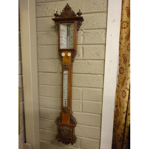 295 - Good antique carved oak cased Admiral Fitzroy mercury barometer and thermometer. L. 104cm approx.