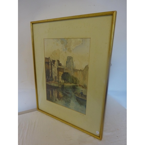 298 - Possibly by Patrick Tuohy,
European town scene with river & people,
Watercolour,
44cm x 32cm approx,... 