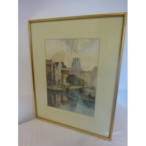 298 - Possibly by Patrick Tuohy,
European town scene with river & people,
Watercolour,
44cm x 32cm approx,... 