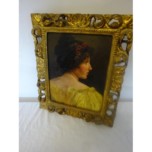 299 - J. Fisher,
An Irish Lassie,
Portrait of a lady,
Oil on board in decorative gilt framed,
28cm x 22cm ... 