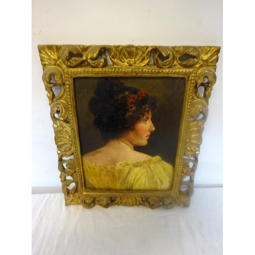 299 - J. Fisher,
An Irish Lassie,
Portrait of a lady,
Oil on board in decorative gilt framed,
28cm x 22cm ... 