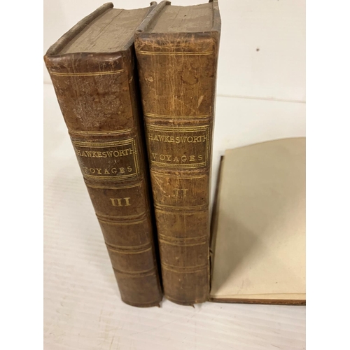 324 - Hawesworth Voyages - 3 vols, Dublin 1773. (Original owners name cut from the titled pages)