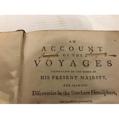 324 - Hawesworth Voyages - 3 vols, Dublin 1773. (Original owners name cut from the titled pages)