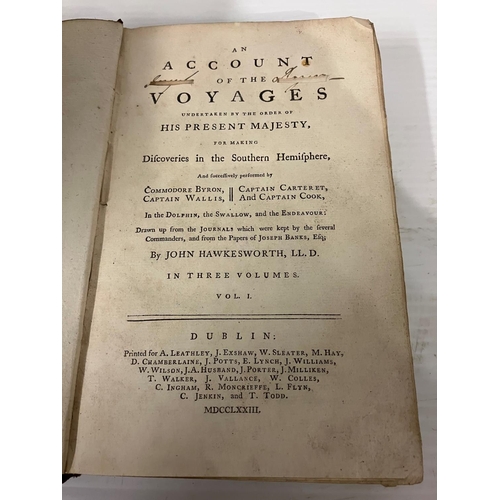 324 - Hawesworth Voyages - 3 vols, Dublin 1773. (Original owners name cut from the titled pages)