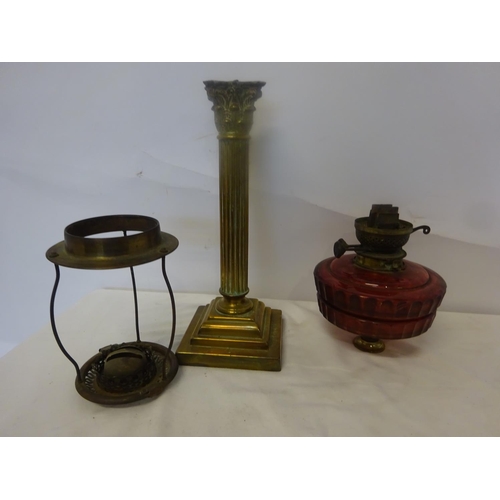 34 - Part oil lamp - oil brass corinthan column, red glass bowl, etc.